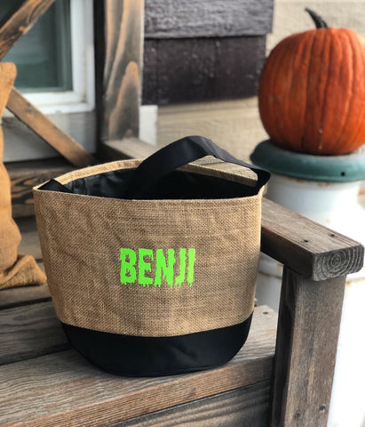 Personalized Trick or Treat Bucket- Burlap + Black