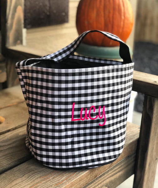 Personalized Trick or Treat Bucket- Black Gingham