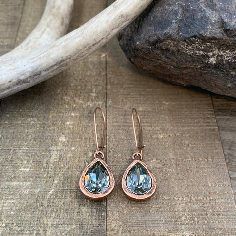 Buffalo Girls Salvage - Black Diamond Pear Shaped Crystal Drop Earrings - copper, silver or gold