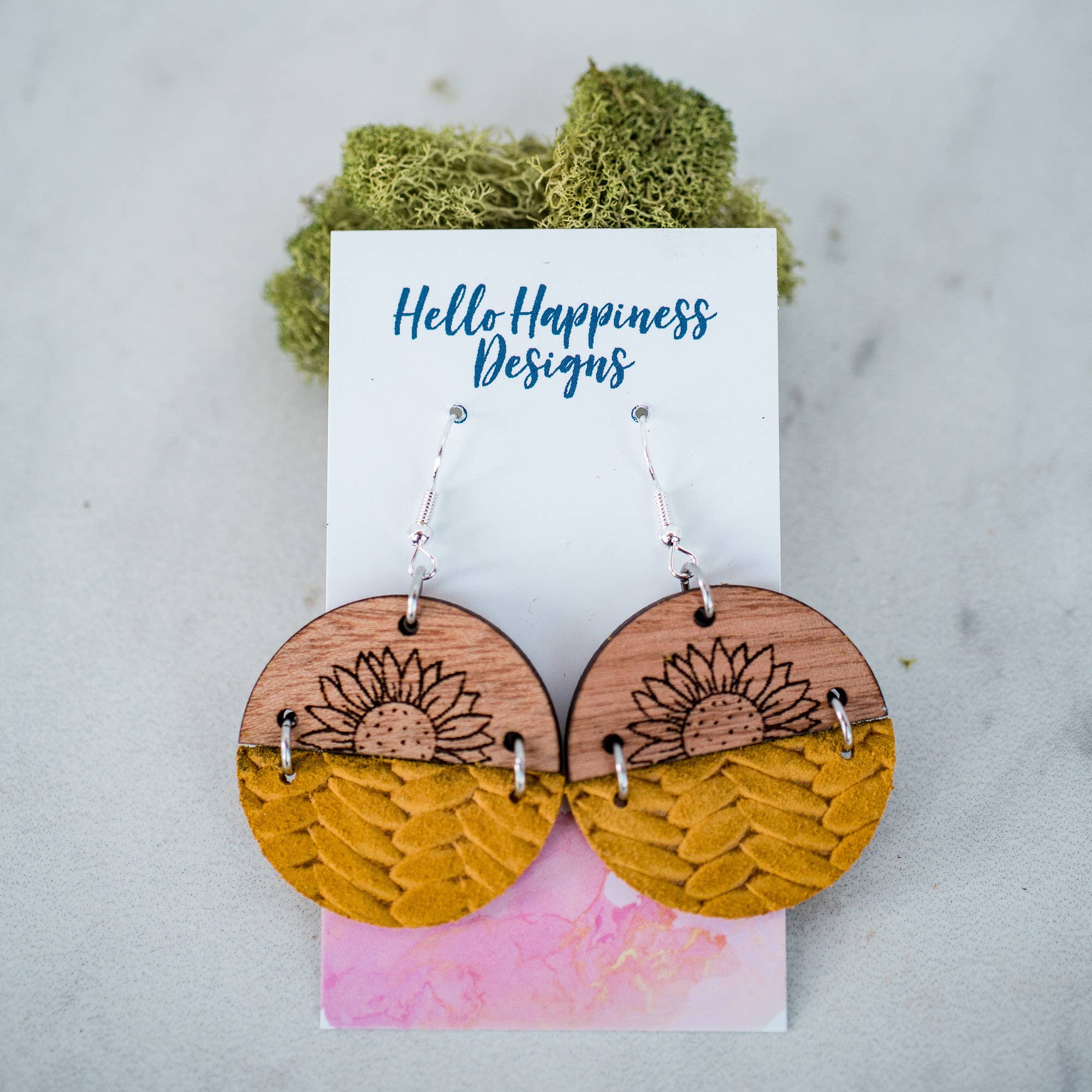 Hello Happiness Wholesale - Sunflower Wood & Leather Circle Dangle Earrings