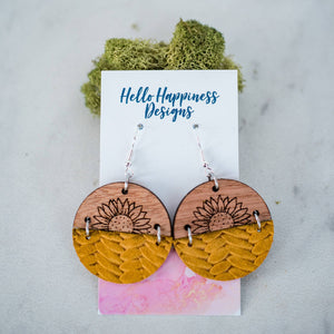 Hello Happiness Wholesale - Sunflower Wood & Leather Circle Dangle Earrings