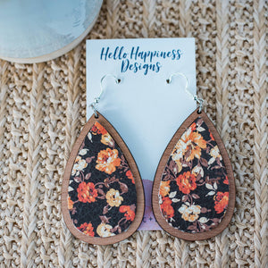 Hello Happiness Wholesale - Black Fall Floral Leather & Wood Teardrop Dangle Earrings