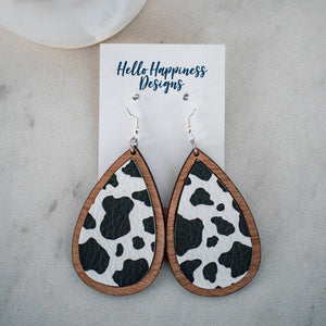 Hello Happiness Wholesale - Black & White Cow Leather & Wood Teardrop Dangle Earrings