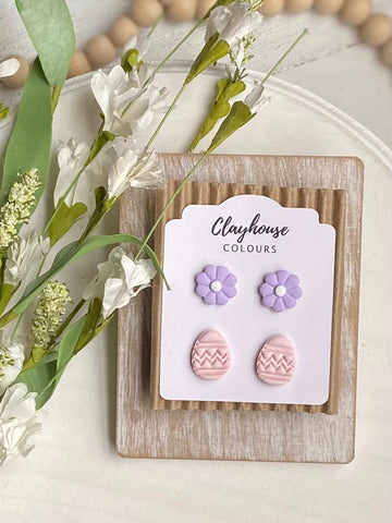 Clayhouse Colours - Easter Eggs & Flower Studs: Purple Flowers/Pink Eggs