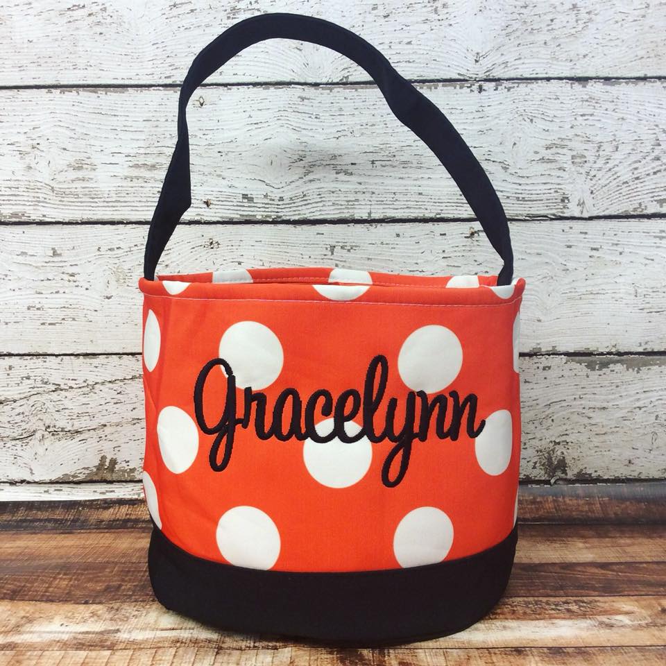 Personalized Polka Dot Trick or Treat Bucket- Orange/White - Thumbnail 4