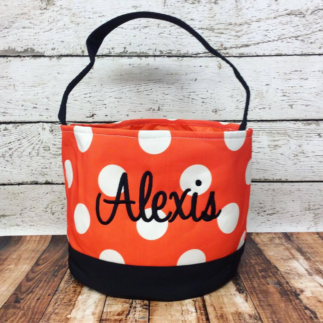 Personalized Polka Dot Trick or Treat Bucket- Orange/White