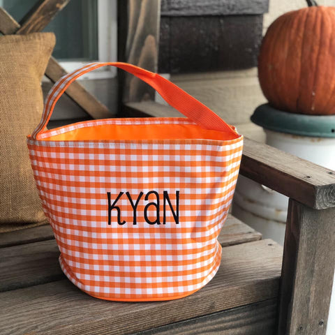 Personalized Trick or Treat Bucket- Orange Gingham