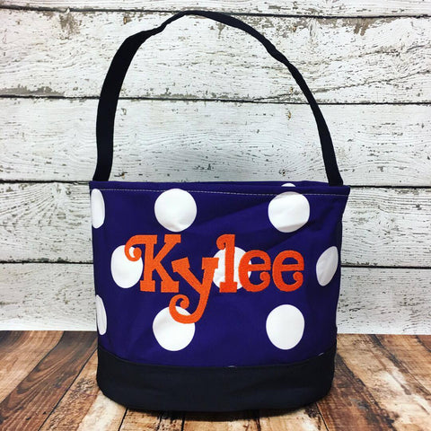 Personalized Polka Dot Trick or Treat Bucket- Purple/White